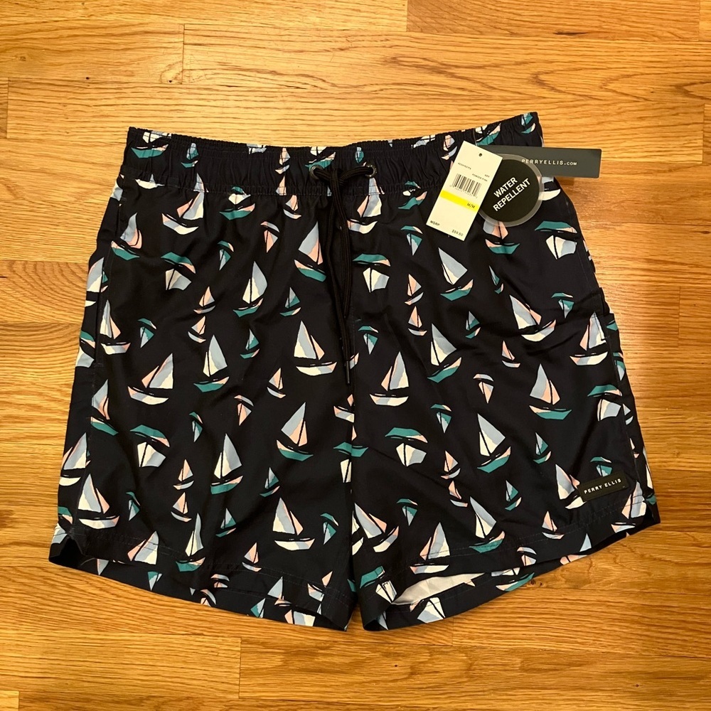 NWT Perry Ellis Blue and White Swim Trunks for Stylish Beach Days
